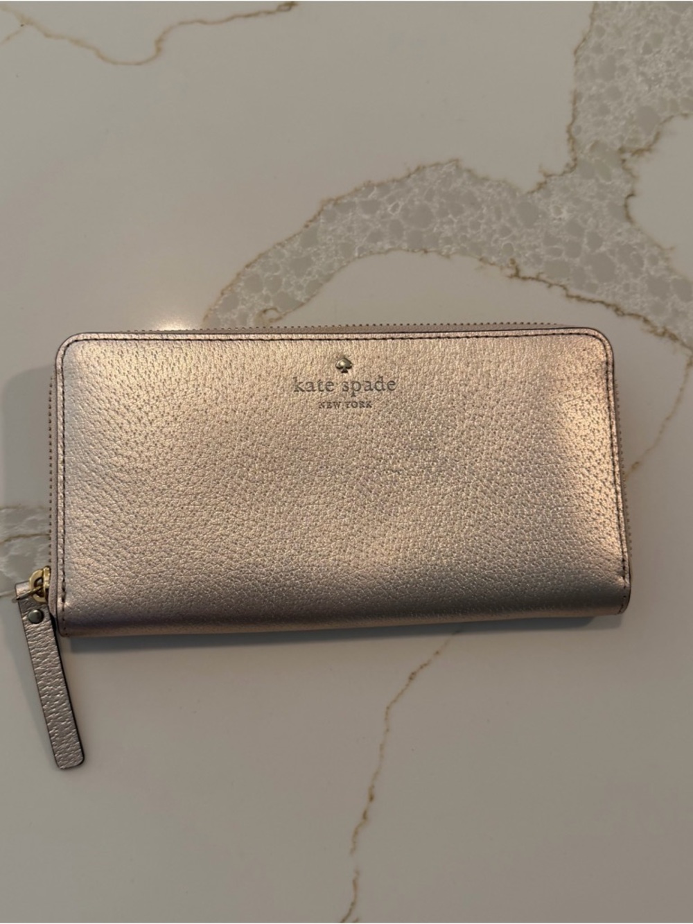 kate spade metallic rose gold zip-around wallet